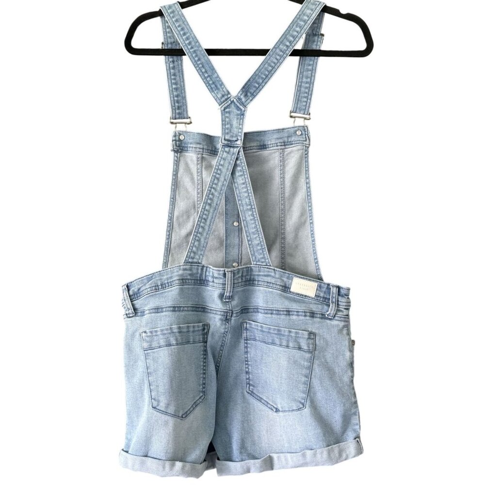 Celebrity Pink Light Wash Distressed Denim Overall Shorts Large Rolled Hem - Picture 3 of 8